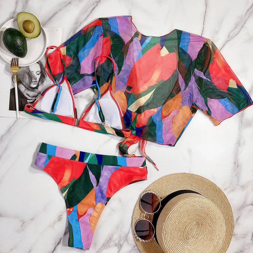 Red printed women's split swimsuit with briefs style for adult swimming sports