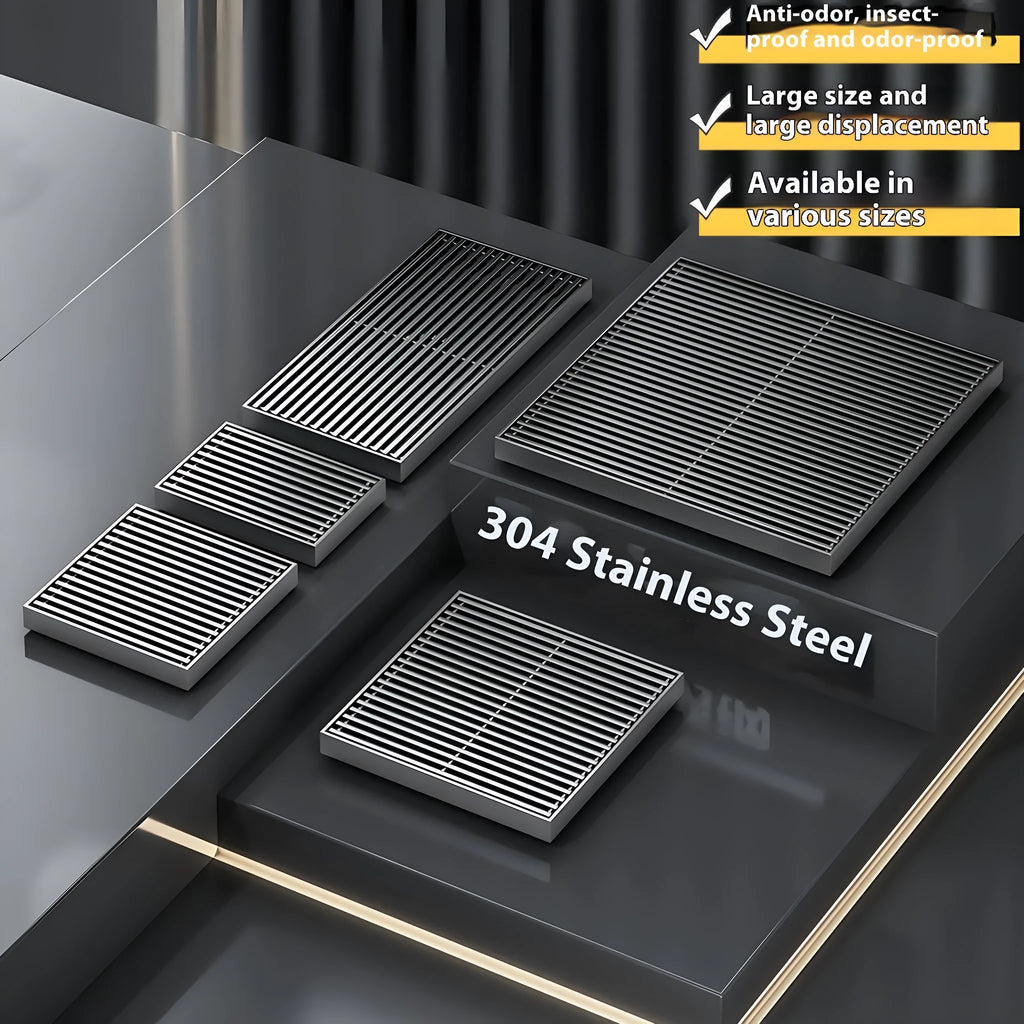 Gun grey 304 stainless steel courtyard floor drain with a square 15x15 cm grid.