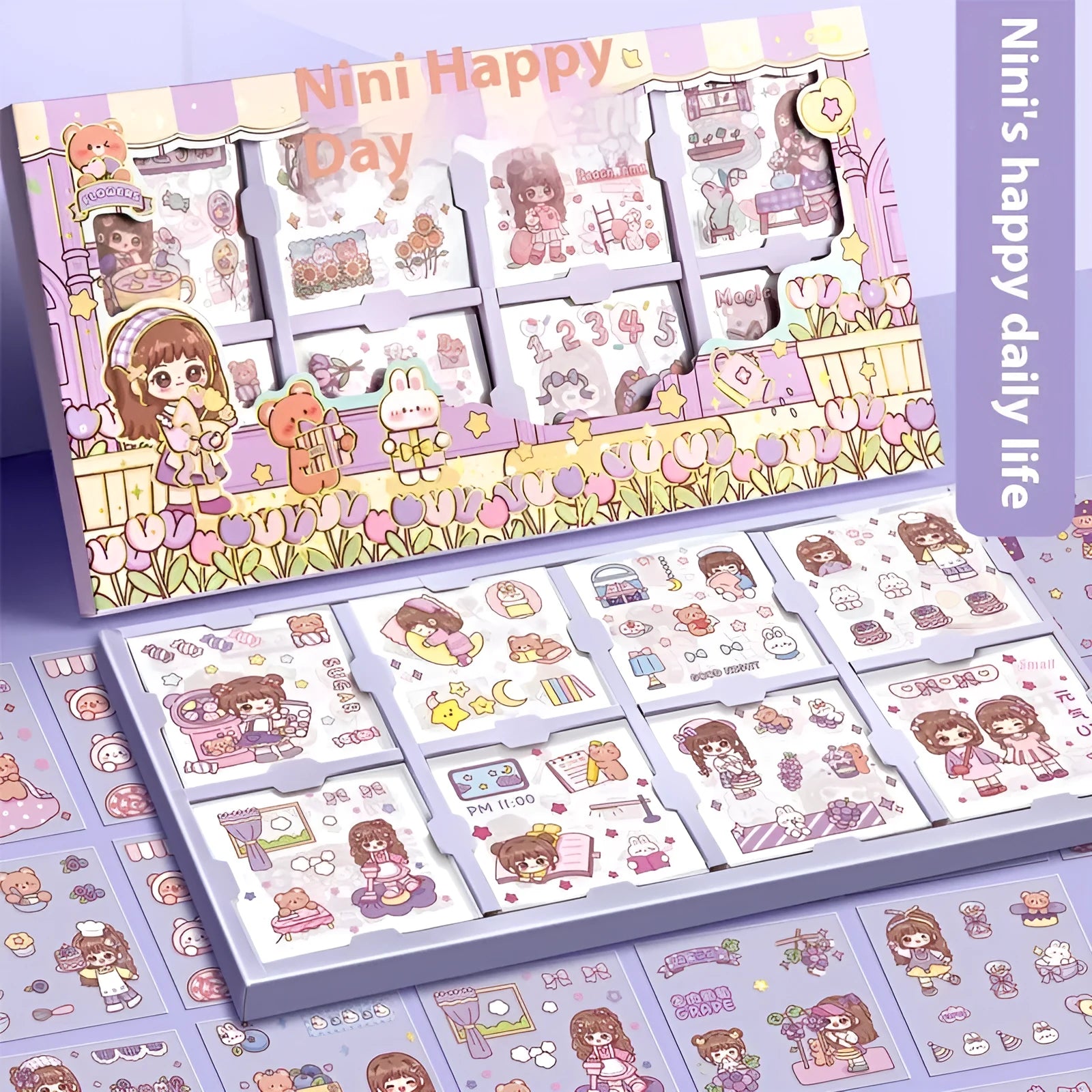 Box of children's cute themed stickers with meatball, star, and diary designs.