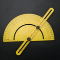 White plastic 180-degree angle measuring tool with scale board and arm for carpentry and tiling.
