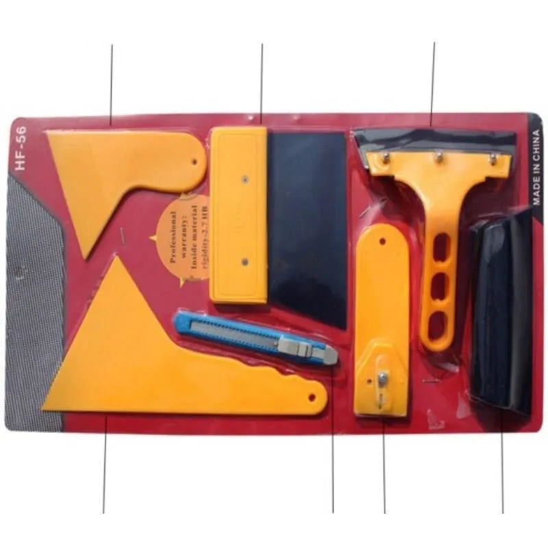 Seven-piece car film tool set with scrapers, knives, tendon scraper, and pressing block.