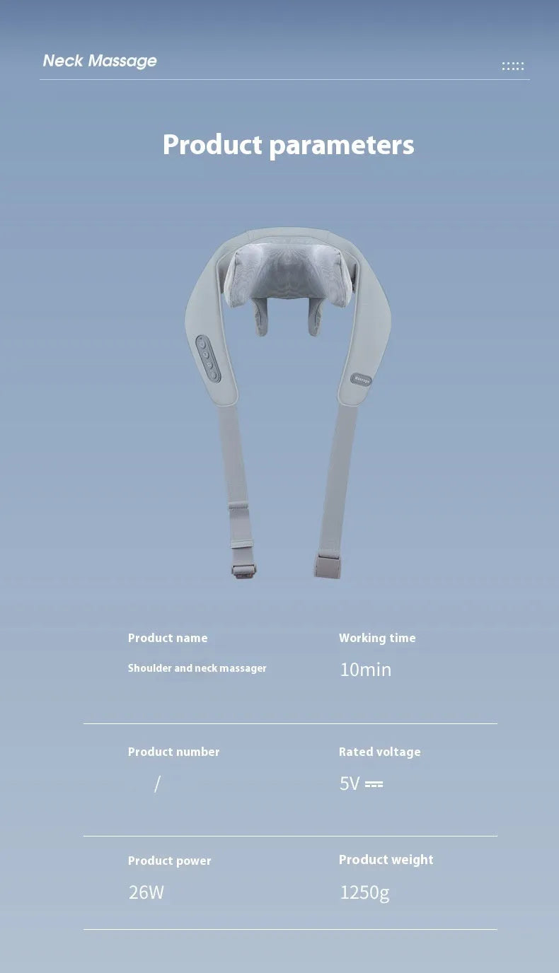 Gray portable USB rechargeable neck and back massager with elastic fabric construction.