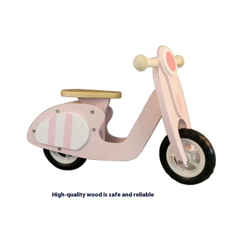 Pink wooden balance scooter with 10-inch wheel for toddlers and children aged 1-6 years