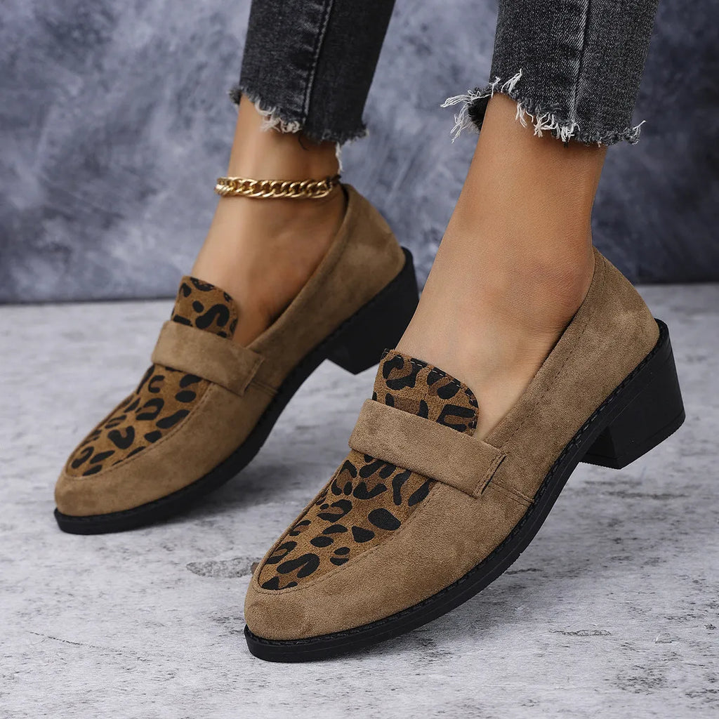 Leopard print slip-on suede pumps with chunky heels and pointed toes in brown, khaki and pink colours
