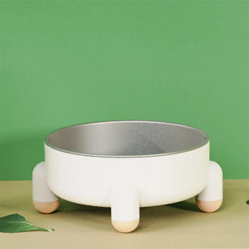Stainless steel pet bowl with high feet in green, pink, or white colour options