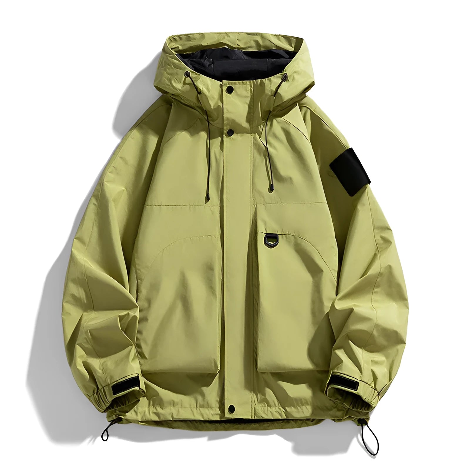 Men's black waterproof hooded jacket on a hanger, shown in a regular length with long sleeves.