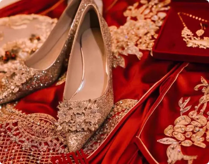 Champagne coloured wedding shoes with crystal flower pattern and pointed toe