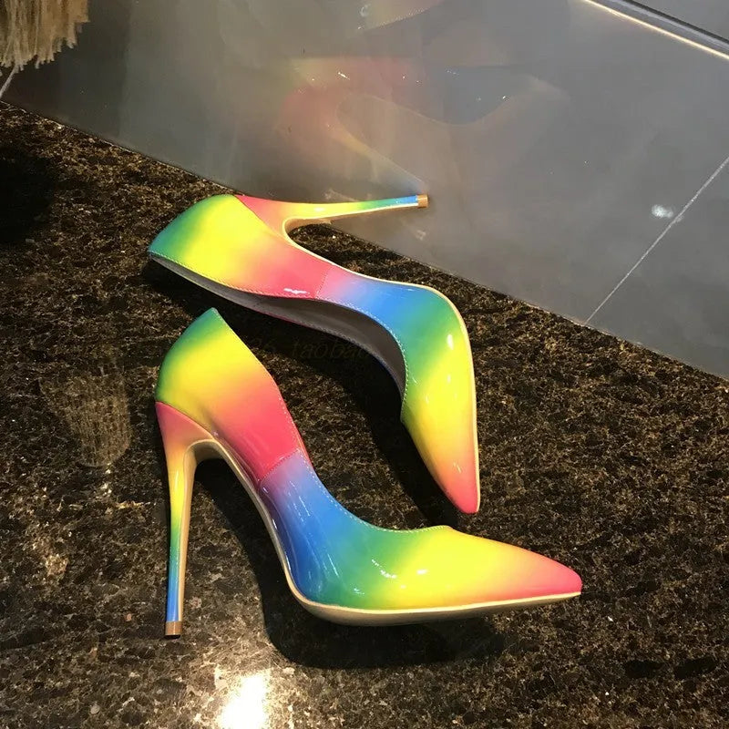 Rainbow coloured patent leather women's stiletto shoes with pointed toe and thin high heel