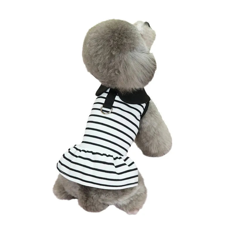 Pet dog wearing cotton stripes T-shirt and matching skirt summer outfit set