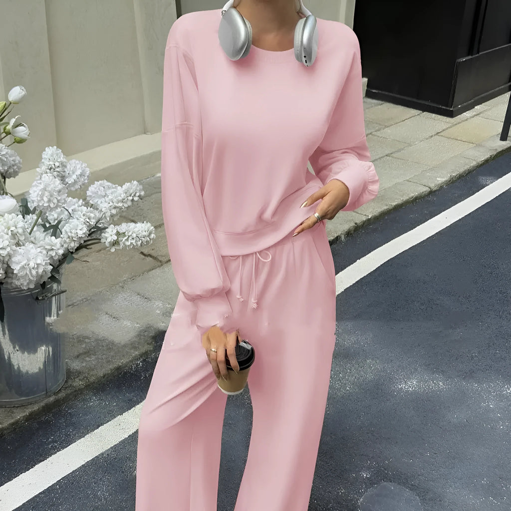 Women's polyester two-piece casual set with long sleeves and trousers in solid colour street hipster style