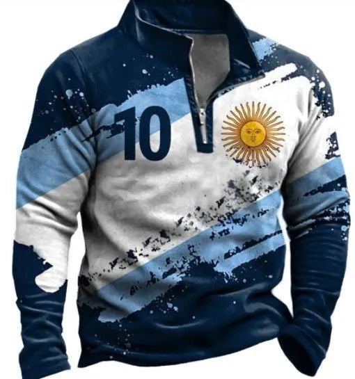 Men's loose fit long sleeve T-shirt with retro colour printing and zip details on striped fabric