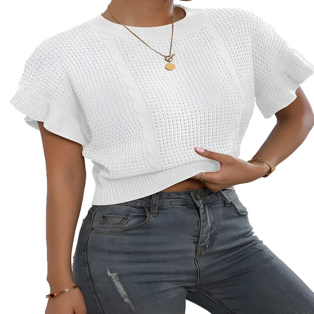 Knitted pullover sweater with twisted string pattern and ruffled short sleeves in loose fit