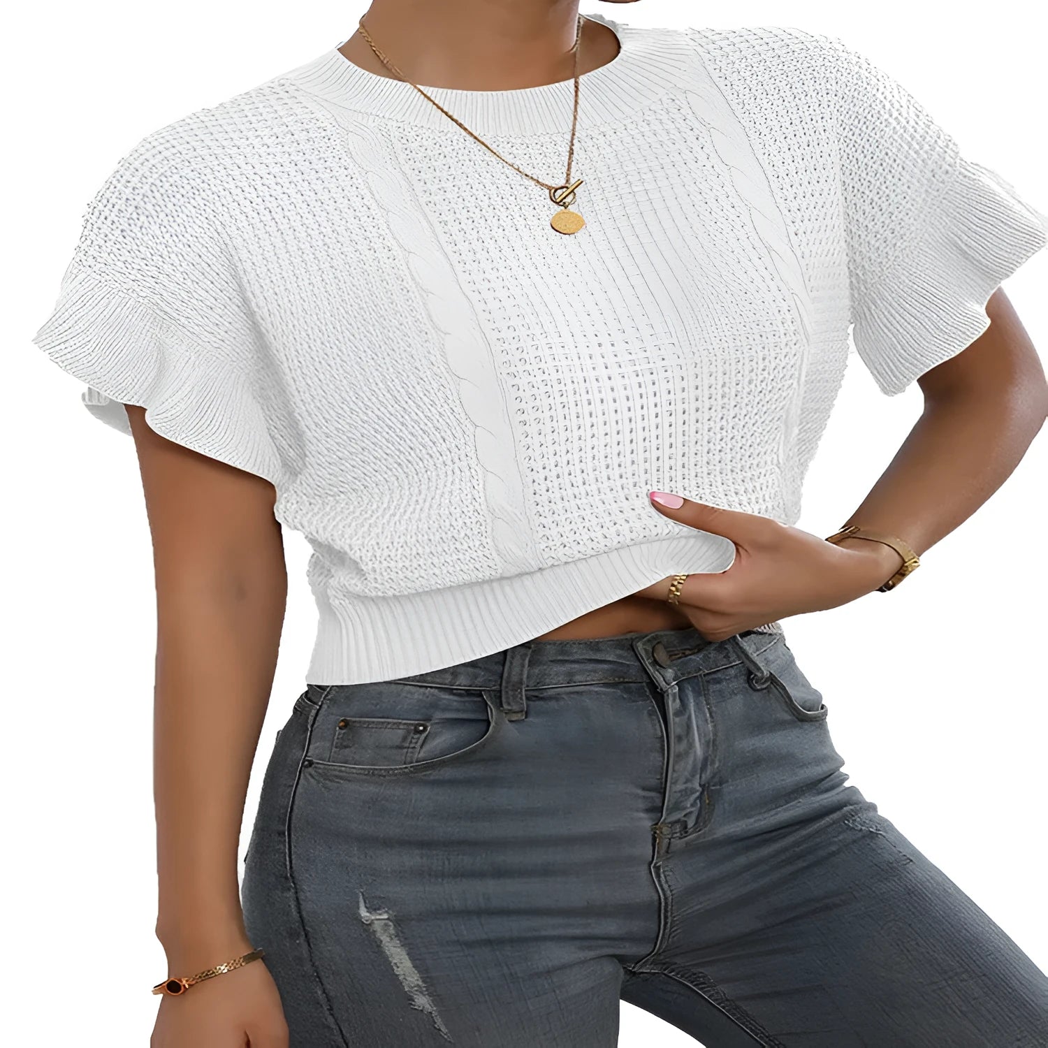 Knitted pullover sweater with twisted string pattern and ruffled short sleeves in loose fit