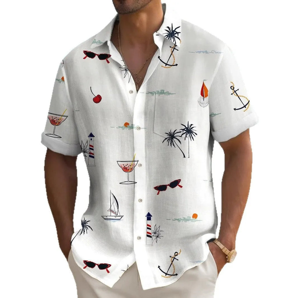 Man wearing a colourful digital print Hawaiian shirt with short sleeves and a loose fit.