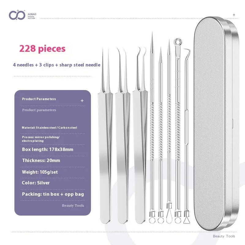 Four metal acne needles with ultra fine points stored in a black plastic clip.