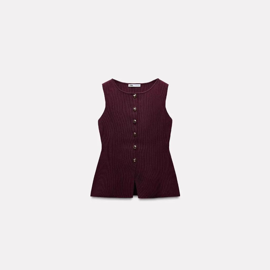 Women's dark red viscose sleeveless sweater vest with gold buttons and 3D patterns