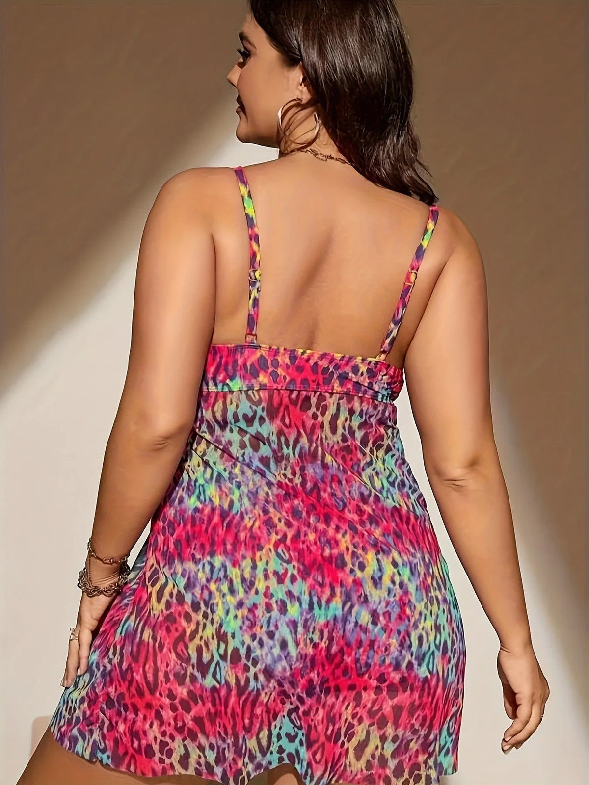 Plus size red skirt split bikini swimsuit on a hanger, showing top and shorts.