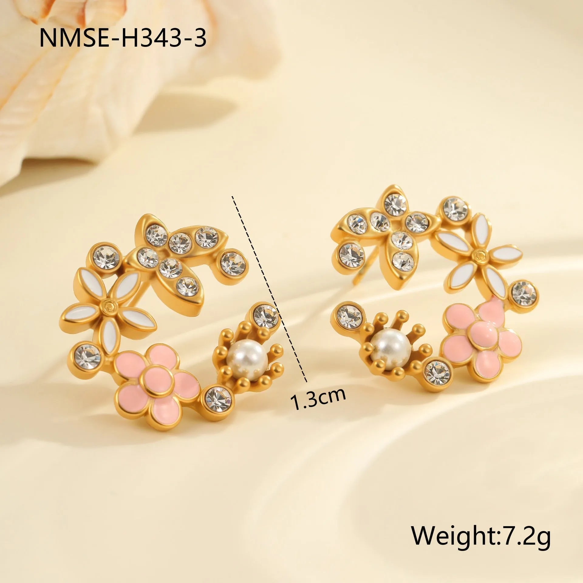 Gold electroplated flower stud earrings with petal design and colourful oil finish