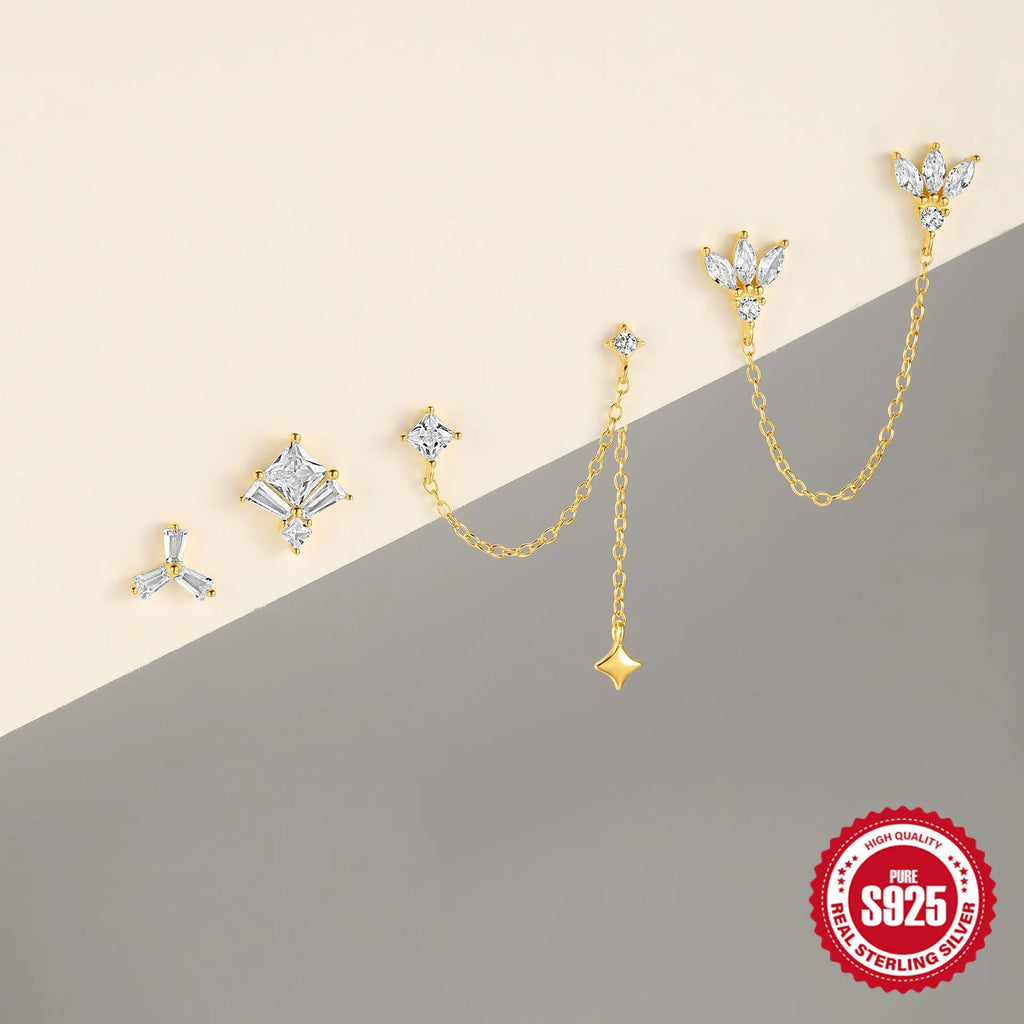 S925 sterling silver geometric stud earrings with zircon inlay in a golden colour, shown in clover, crown, and chain horse eye designs.