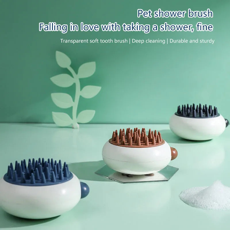 Panda-shaped silicone pet bath brush with soft bristles for cleaning dogs and cats.