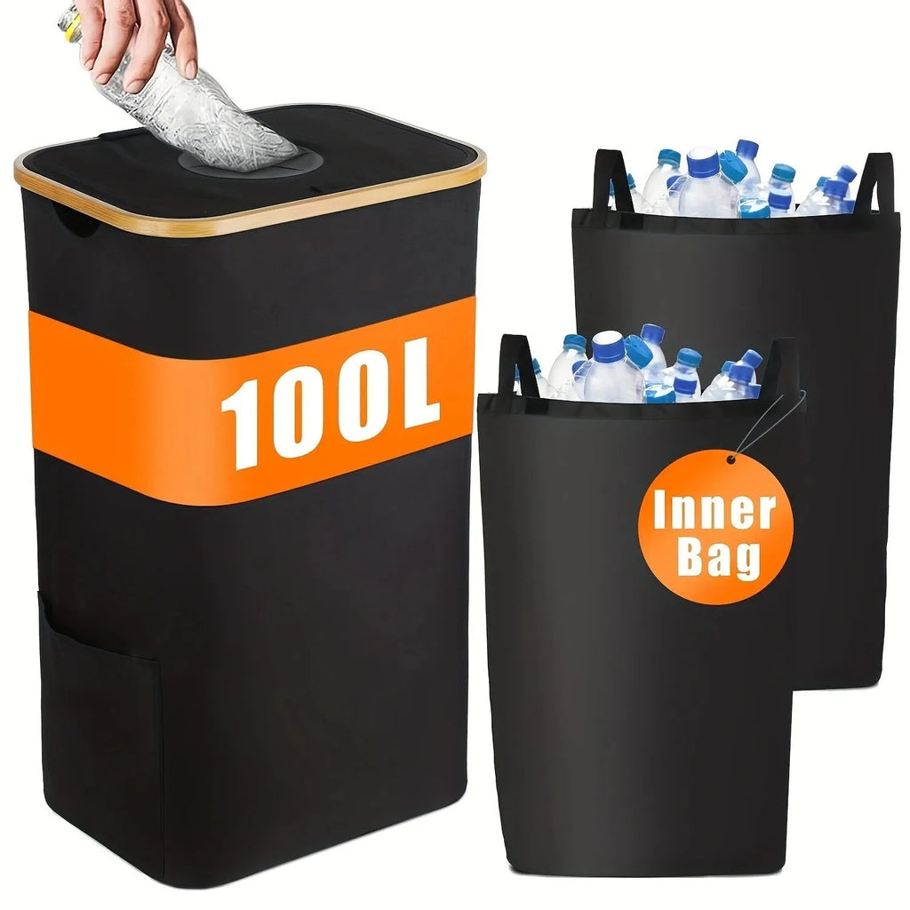Black bamboo laundry basket with removable lid and bottle storage compartment
