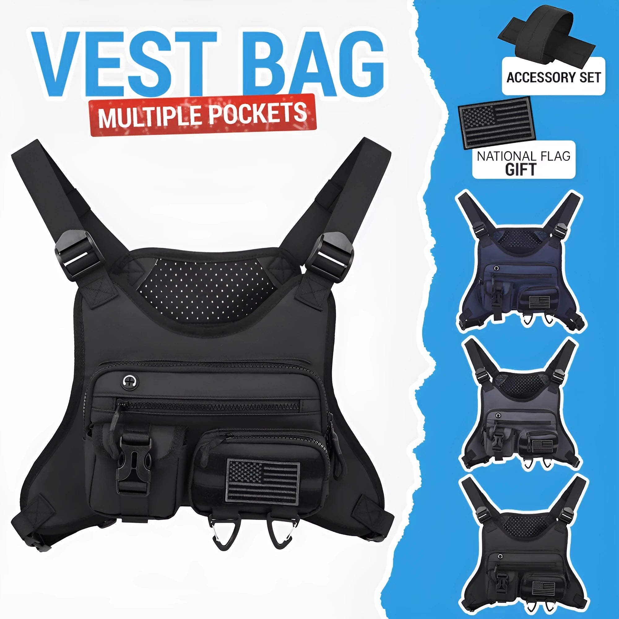 Black Oxford cloth chest bag with breathable vest straps and visible stitching.
