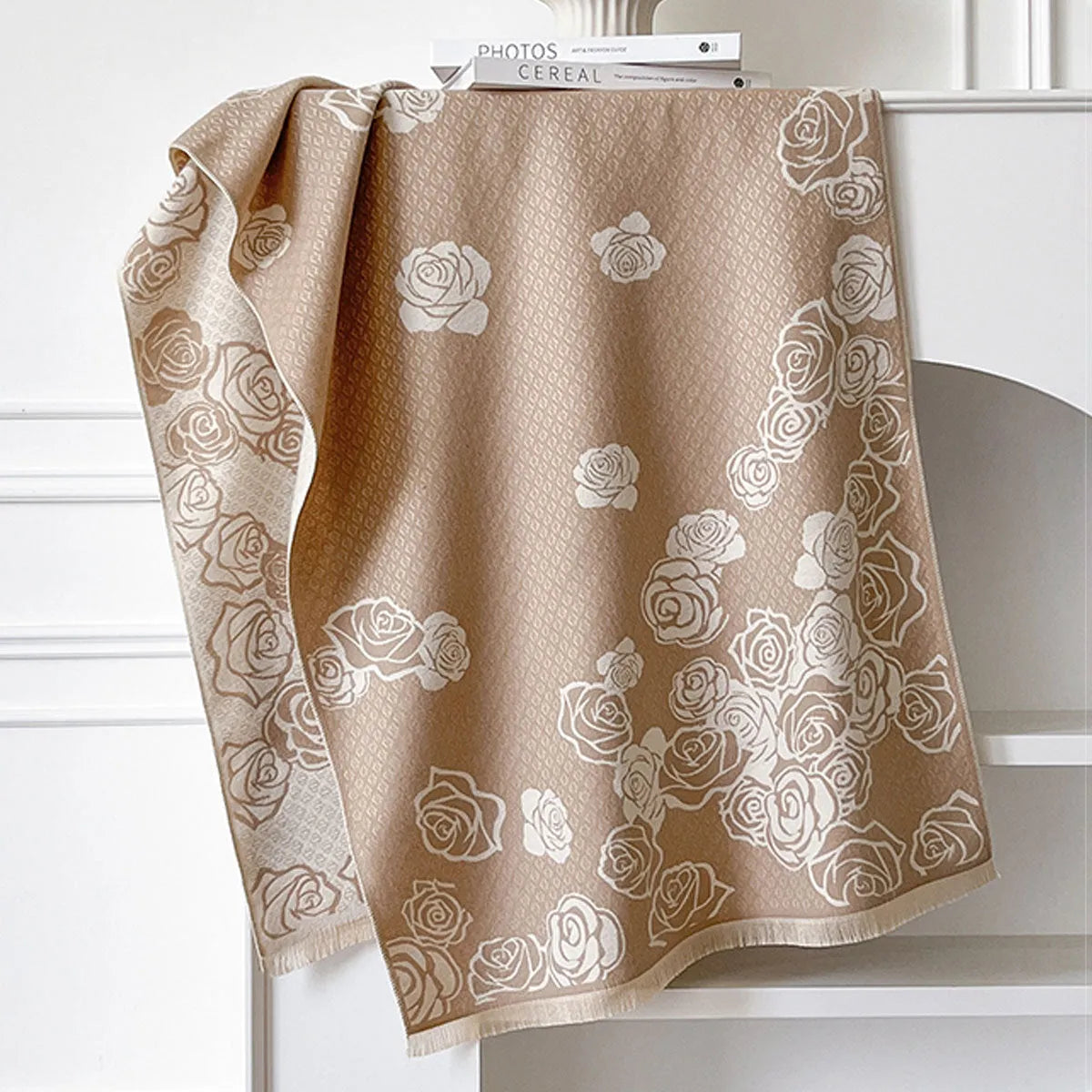 Imitation cashmere winter scarf in gray colour with tassel detailing