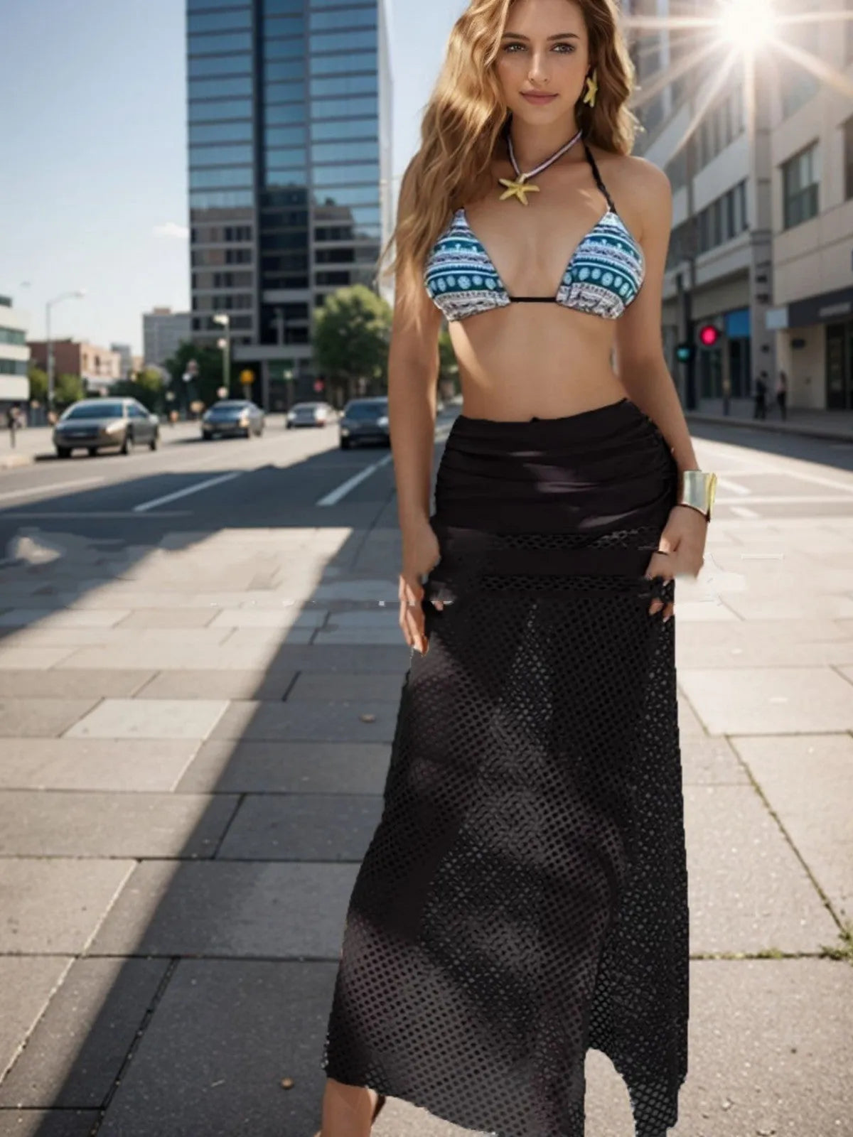 Women's gradient pattern bikini three-piece set with fishnet long skirt in brown colour