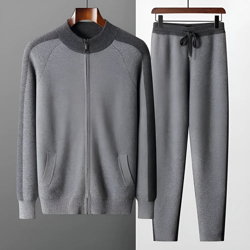 Cashmere wool blend men's sports cardigan suit with half turtleneck and matching trousers