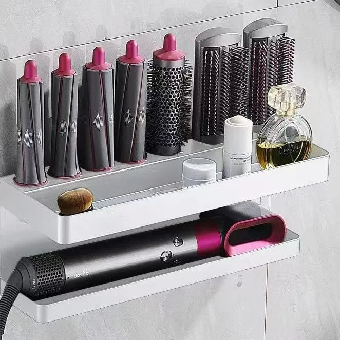 White punch-free double layer aluminium bathroom storage rack holding Marcel wavers on wall