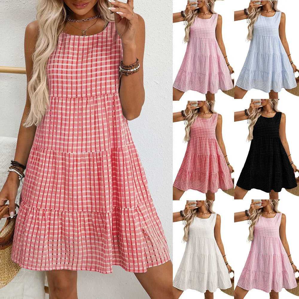 Loose-fitting women's sleeveless plaid dress with a high waist and swing skirt.