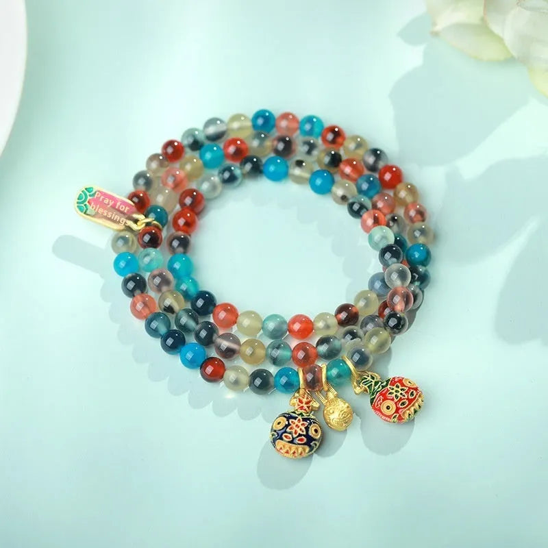 Women's natural agate bracelet with colourful sugar heart glaze and copper coin snake design in geometric style