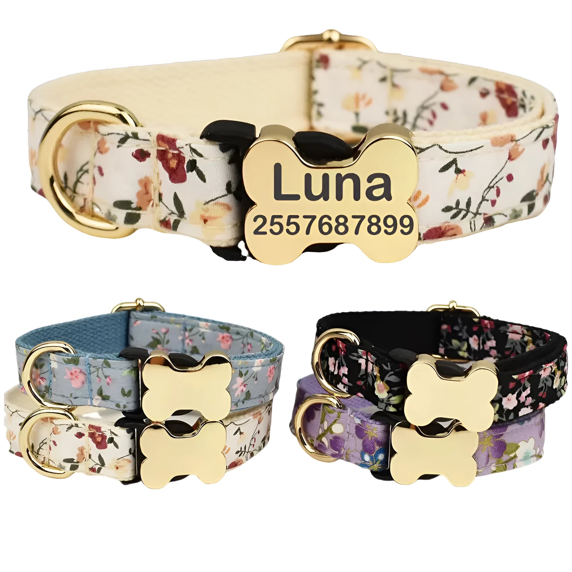 Flat printed nylon dog collar with bone buckle in multiple colour options