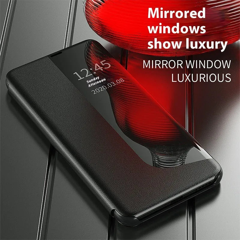 Magnetic side window phone case with flip bracket for Huawei Honor in Still Night Black PC leather