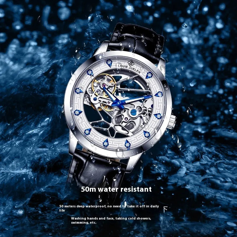 Men's silver case mechanical watch with white surface, blue hands, and black genuine leather strap