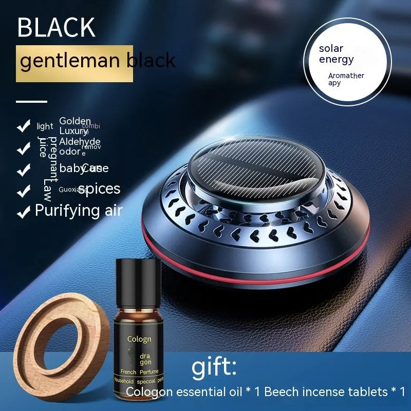 Solar-powered aluminium alloy car air freshener and purifier unit in black, red, or silver.