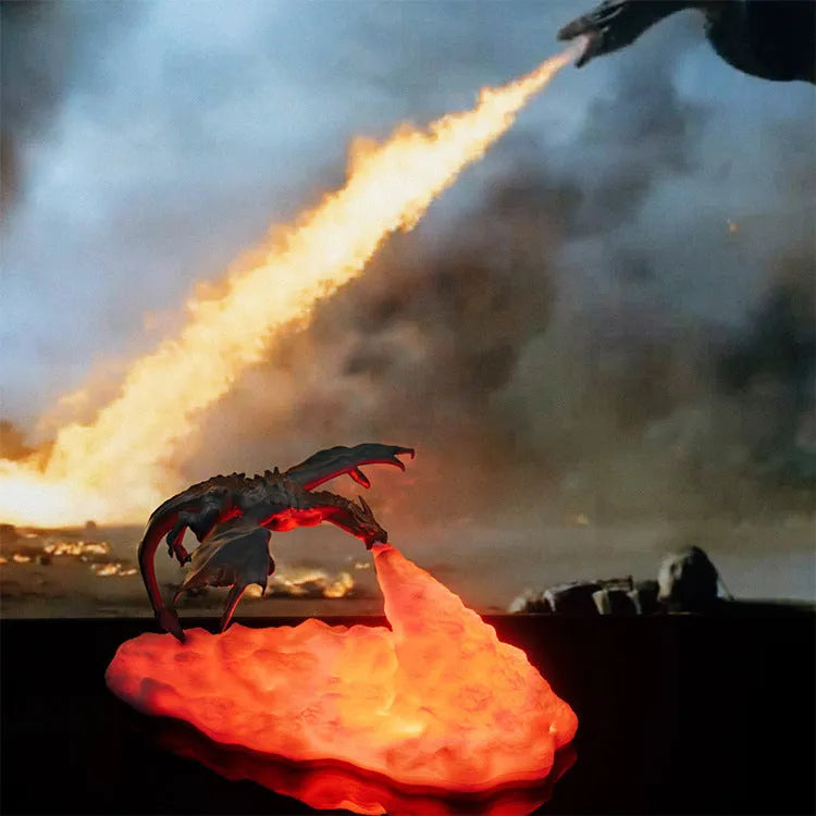 3D printed red dragon night light with glowing effect on a dark background