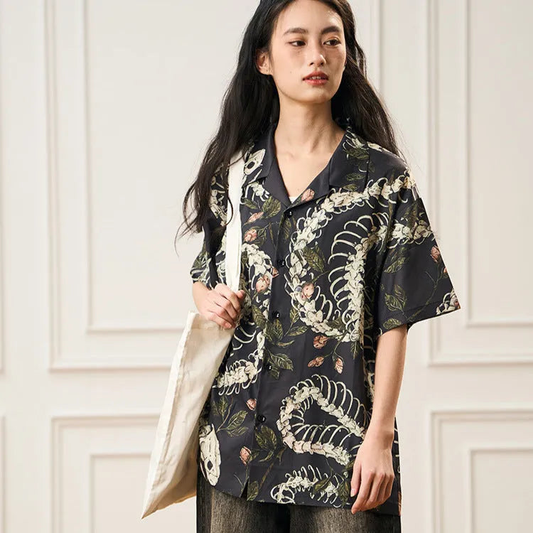 Snake bone floral pattern printed Cuban collar short sleeve shirt in loose fit casual style