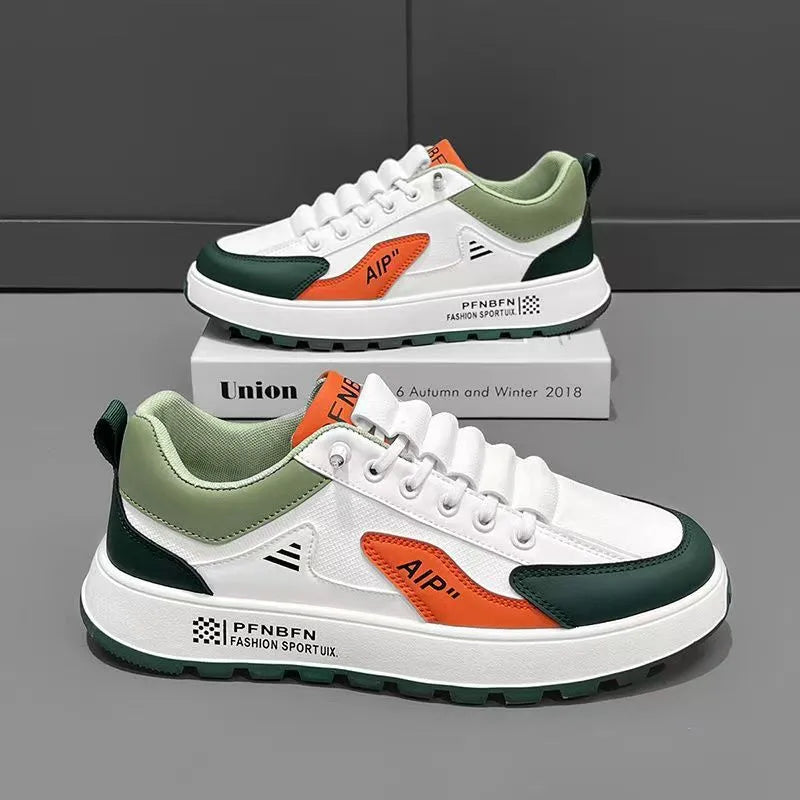Men's white casual shoes with black trim and round toe design on artificial PU upper