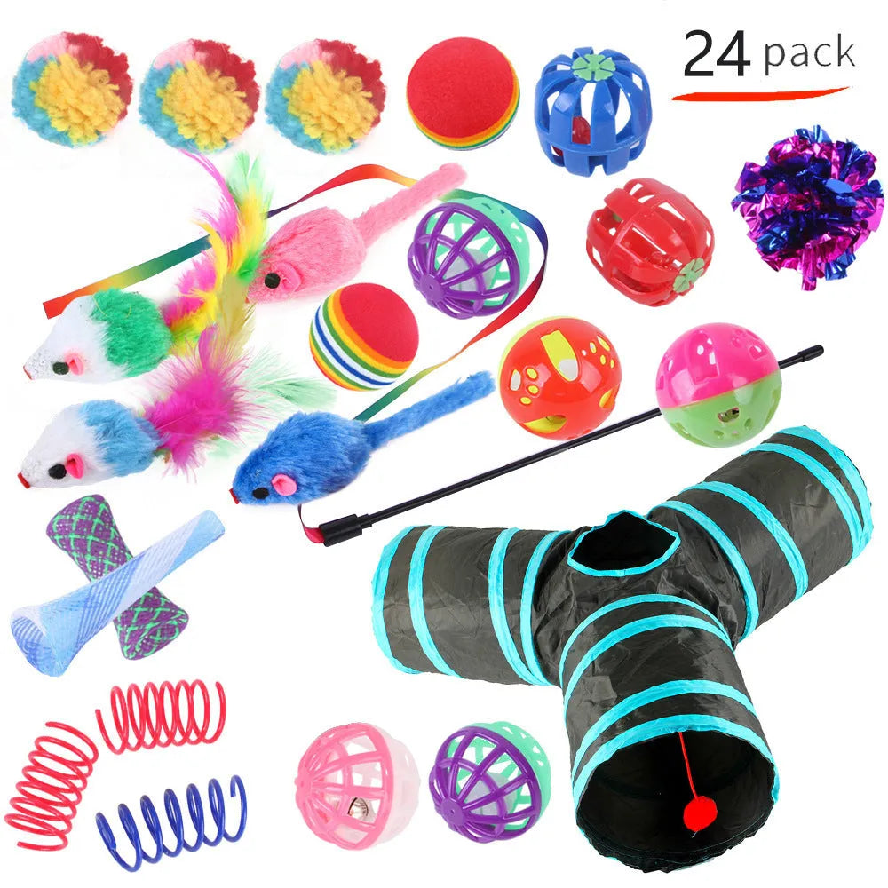 Plastic cat toy set with interactive tunnel and colourful accessories for indoor feline play