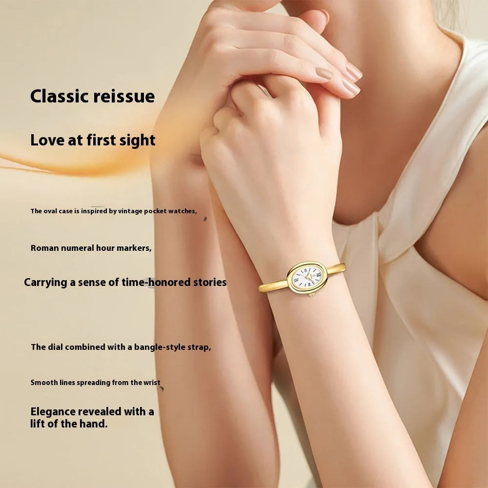 Women's oval retro quartz watch with 8mm thickness showing gold and spiral pattern colour options