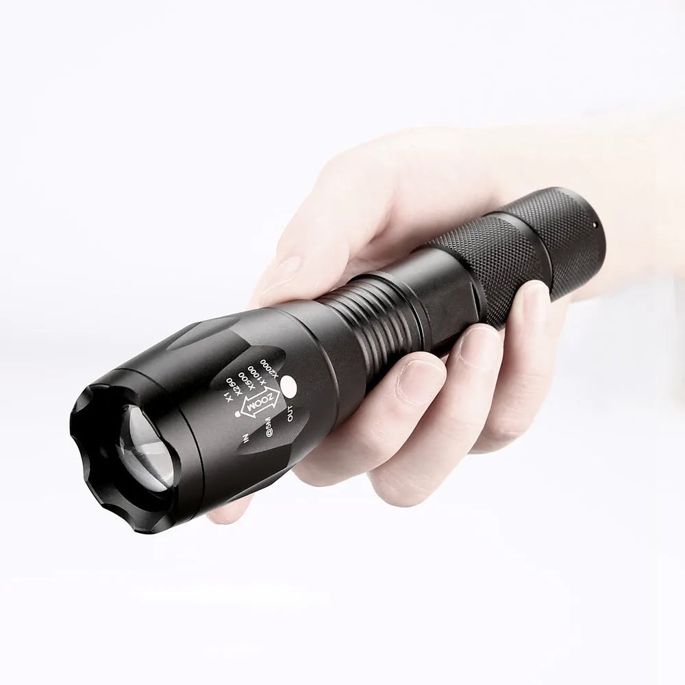 Black aluminium alloy LED zoom flashlight with adjustable focus ring and antiskid texture.