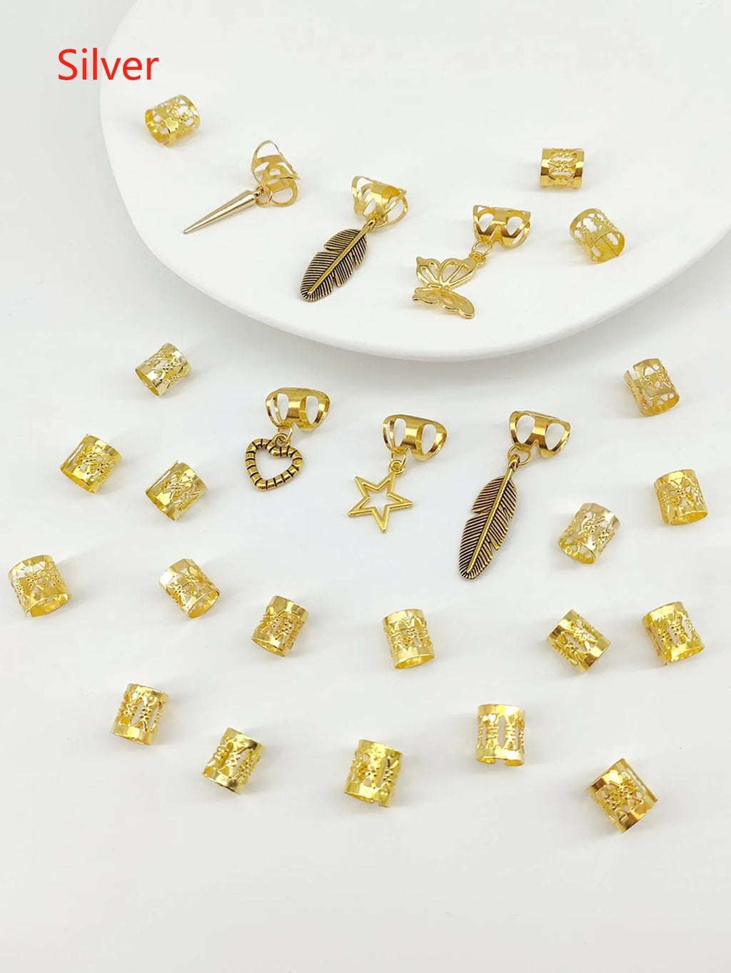 26-piece pack of antique style dirty braid hair rings in electroplated gold or silver alloy