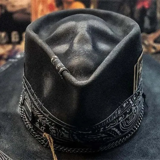 Handmade wool felt conical hat with skull design and denim-style crown