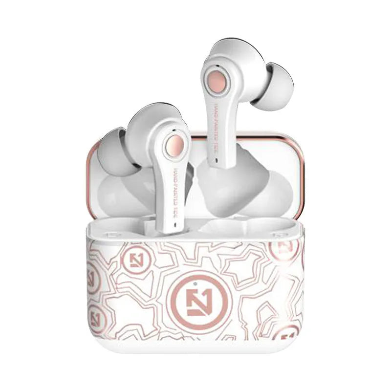 Black and white wireless Bluetooth headset showing over-ear design with no cables.