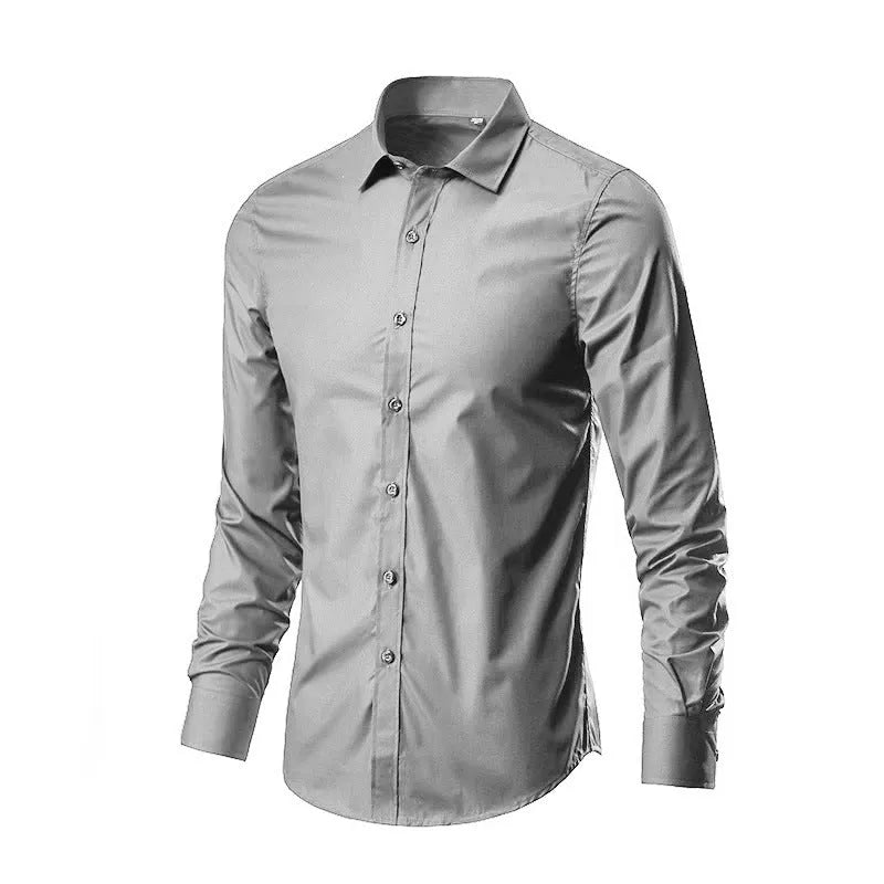 Loose-fit long-sleeve linen shirt shown in a neutral colour.