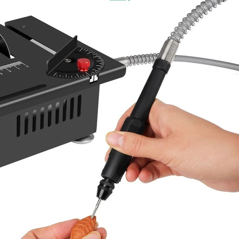 Compact lithium-ion battery desktop saw with metal construction on workbench