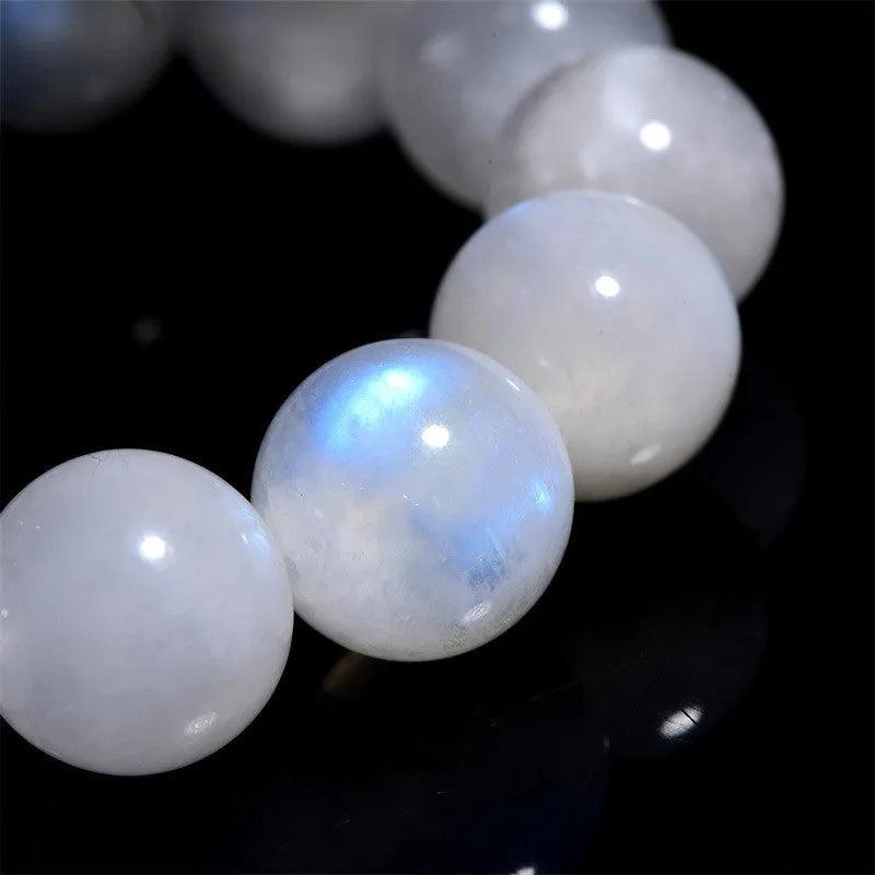 Natural moonstone bracelet with blue moonlight round beads in polished finish