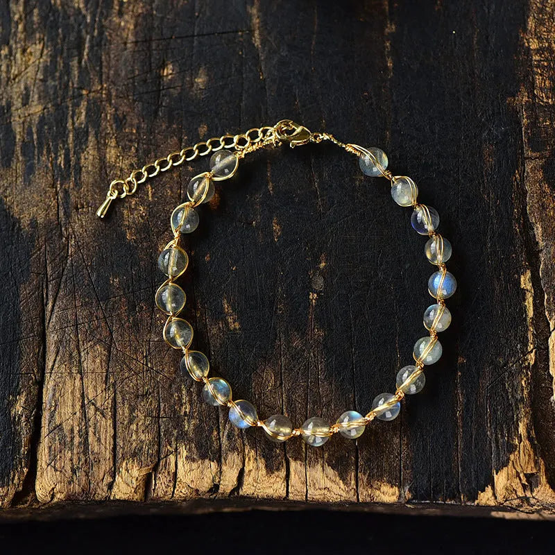 Women's crystal bracelet with 6mm blue moonstone and 14K gold gilded metal detailing