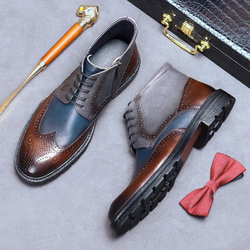 Men's curry blue leather brogue boots with carved stitching and front lacing